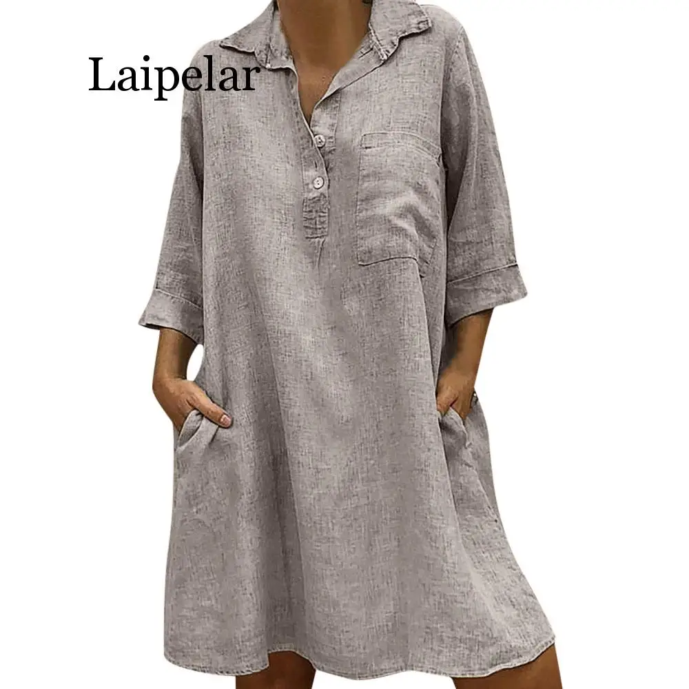 

Laipelar Winter women dresses girl Solid Dress Boho Turn-down Collar Casual Pocket female Button Dress Solid Casual