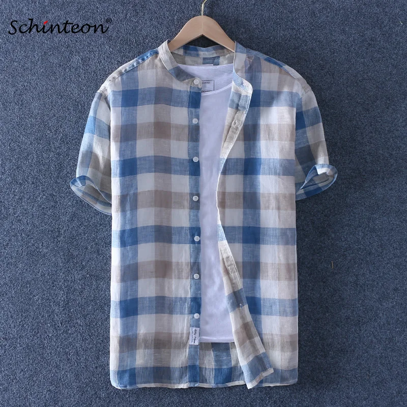 Schinteon, чистый лен, клетчатая летняя рубашка, мужская, дышащая, стоячий воротник, тонкая, короткий рукав, Повседневная рубашка, удобная, Новое поступление