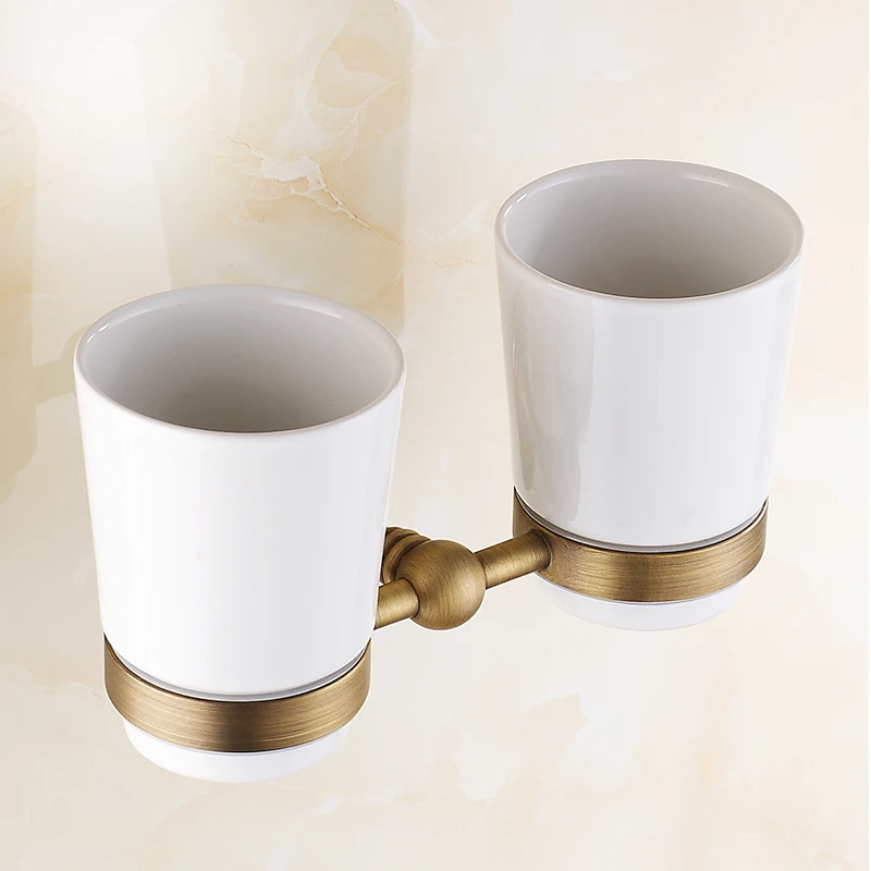 Настенный античный латунный двойной держатель чашки зубной щетки с двумя