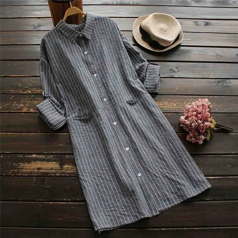 Женская летняя рубашка из хлопка и льна стильное мини-платье OL с длинным рукавом