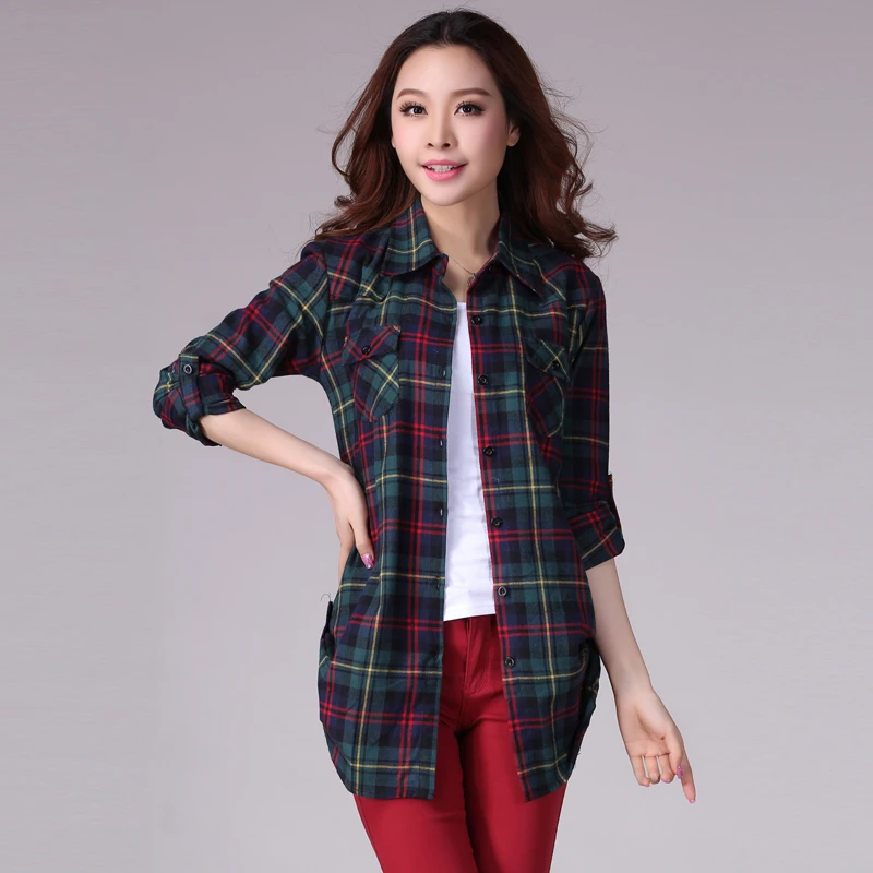 

Fashion Plaid Shirt Long Sleeve Shirt Ladies Top Cotton Ladies Shirt Red Green Striped Top Blusas Ladies Top