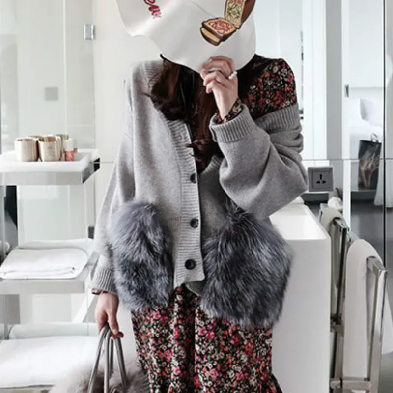 Elegant Autumn Winter Women's Faux Fur Double Pockets V-neck Knitted Cardigan Single-breasted Sweater Coat Long Sleeve OL Tops |