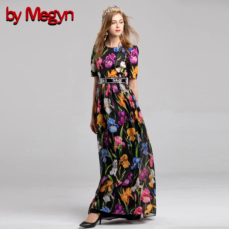 Женское длинное платье Megyn Осеннее черное в ретро-стиле с о-вырезом и цветочным