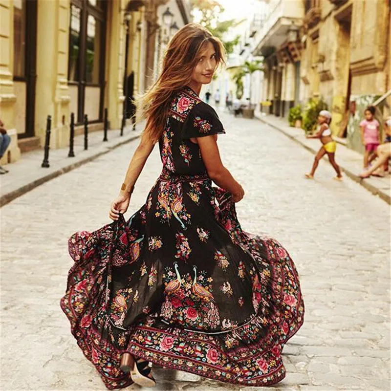 New Women Summer Chiffon V-neck Maxi Dress Vintage Boho Long Evening Party Beach Sundress Floral Printed Dresses | Женская одежда