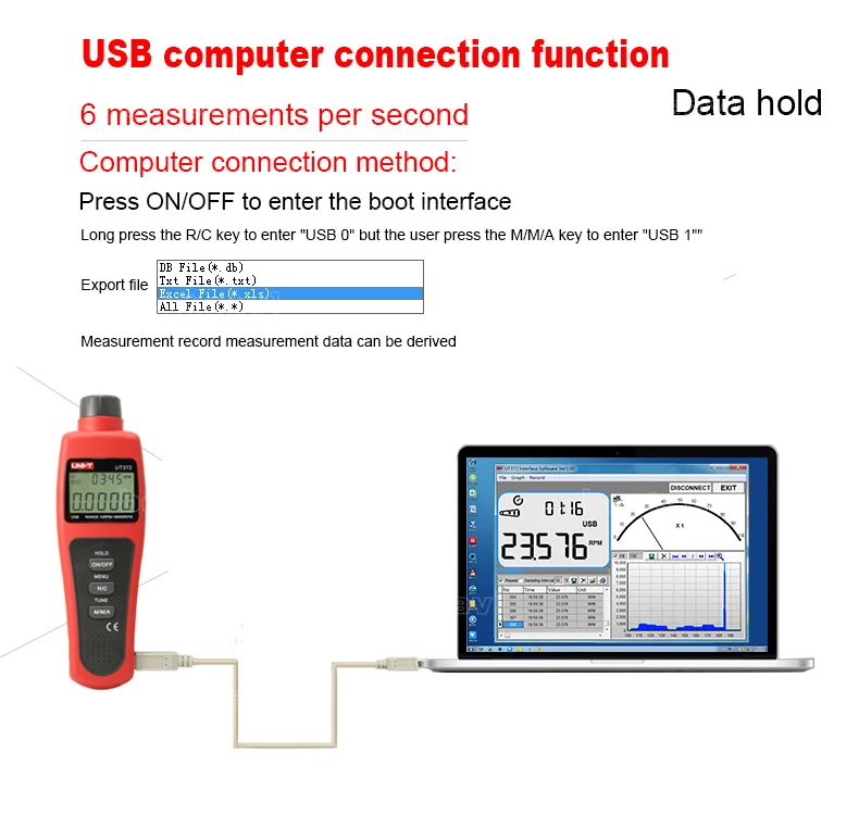 UNI-T UT372 ЖК-дисплей Дисплей цифровой USB Интерфейс диапазон 10 об./мин.-99999 об./мин. Бесконтактный цифровой Тахометры