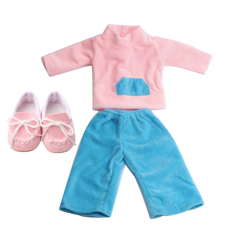 Blue 18 дюймовая кукольная одежда для девочек, повседневный костюм, кружевная юбка, футболка с обувью, американское платье для новорожденных, детские игрушки, подходят для 43 см, детские куклы c52 - Цвет: Blue