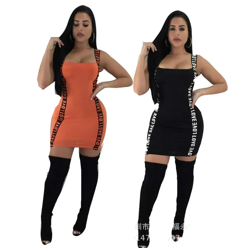 Новый для женщин Спагетти ремень любовное письмо рукавов Bodycon Midi платье мини