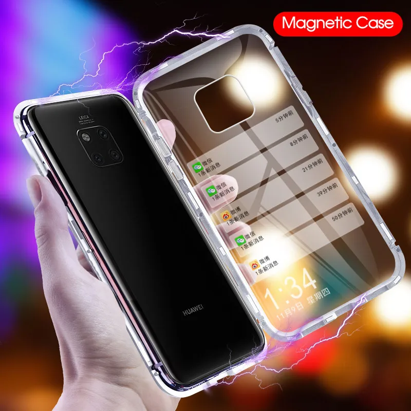 Магнитный металлический чехол 360 для Huawei P30 P20 Lite Pro Mate 10 20 из закаленного стекла на
