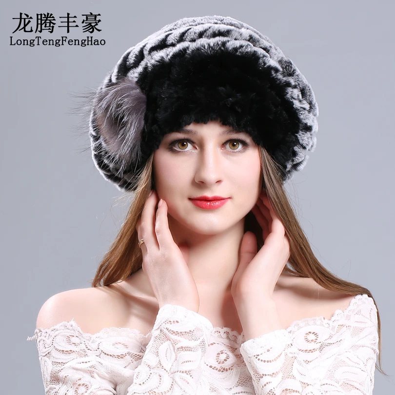 Женский вязаный берет из кроличьего меха с цветком | Аксессуары для одежды