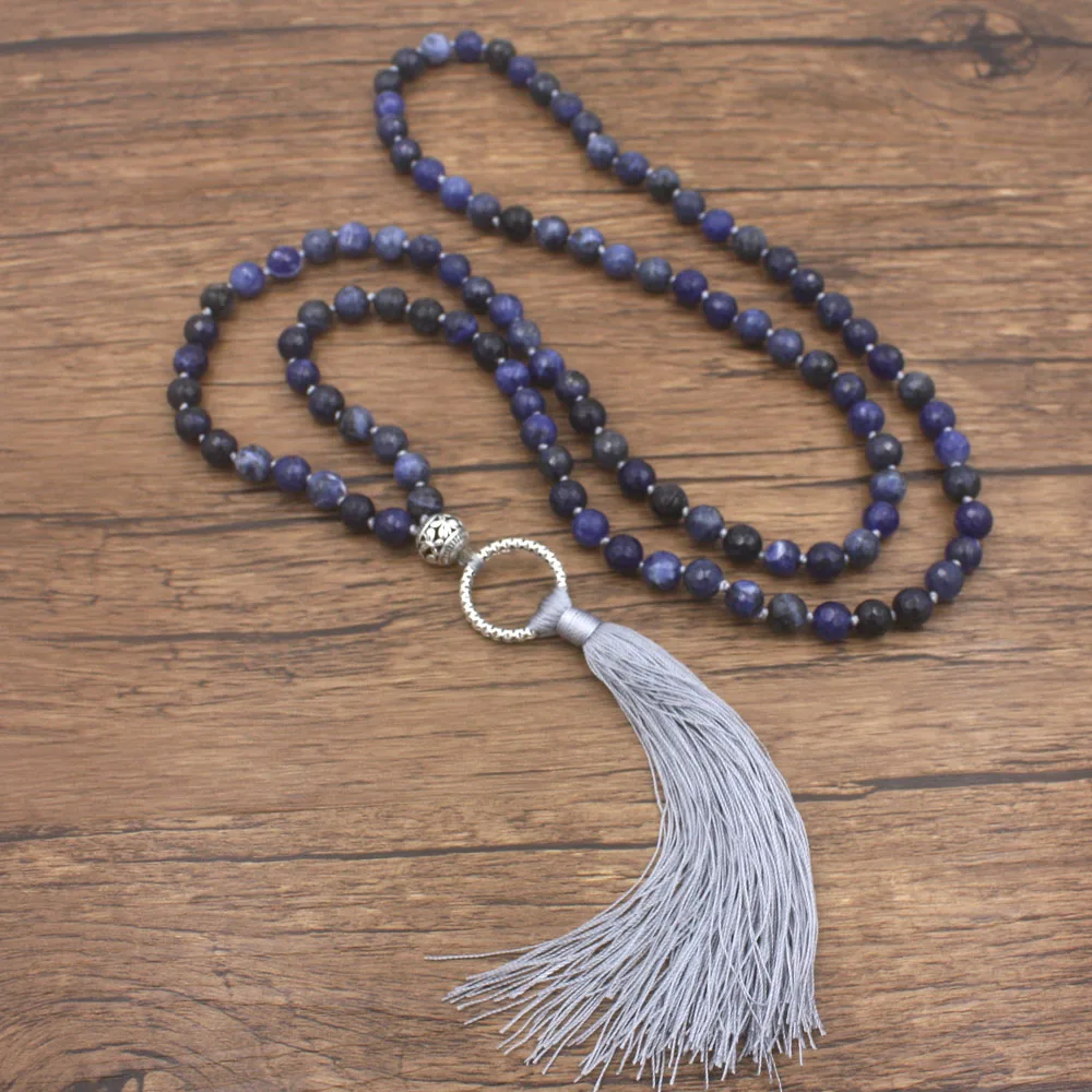 

108 Beads Knotted Mala Necklace 8MM Natural Faceted Sodalite Tassel Long Necklace For Women Meditation Jewelry Dropshipping