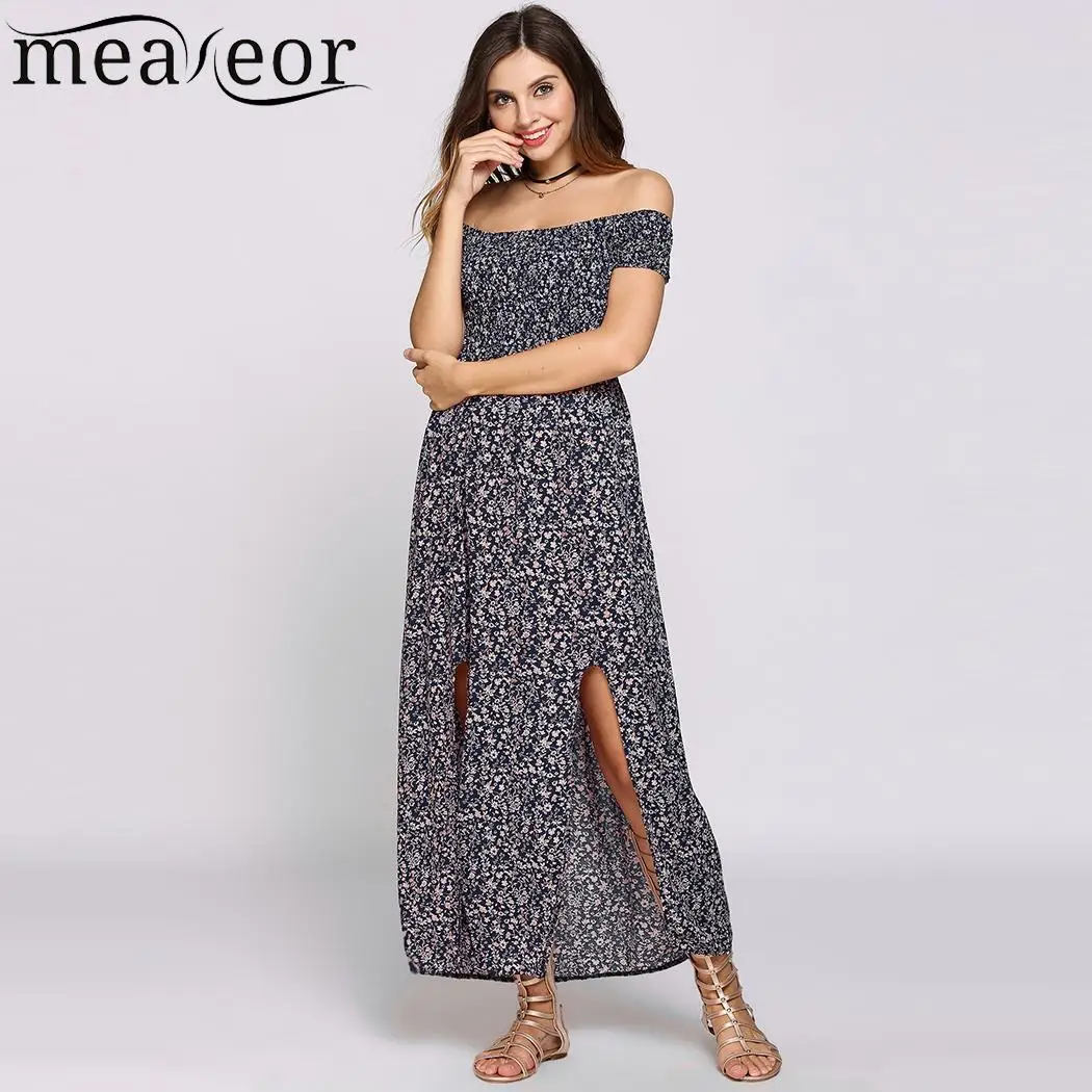 Boho рукав от плеча короткие Стиль Цветочный принт Разделение низ пляжные