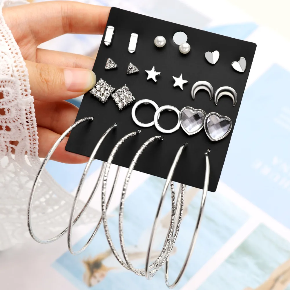 Женские серьги гвоздики с Луной 12 пар/упак. модные геометрические кристаллами в
