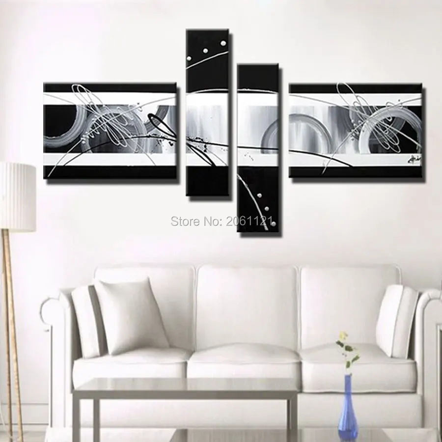 

Hand Painted 4 Piece Canvas Wall Art black and white Oil Painting Modern Abstract Picture Home Decor Set