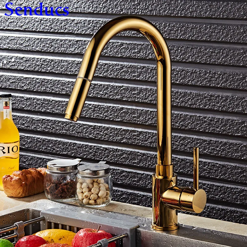 Senducs Золотой выдвижной кухонный кран качественный латунный и смеситель для