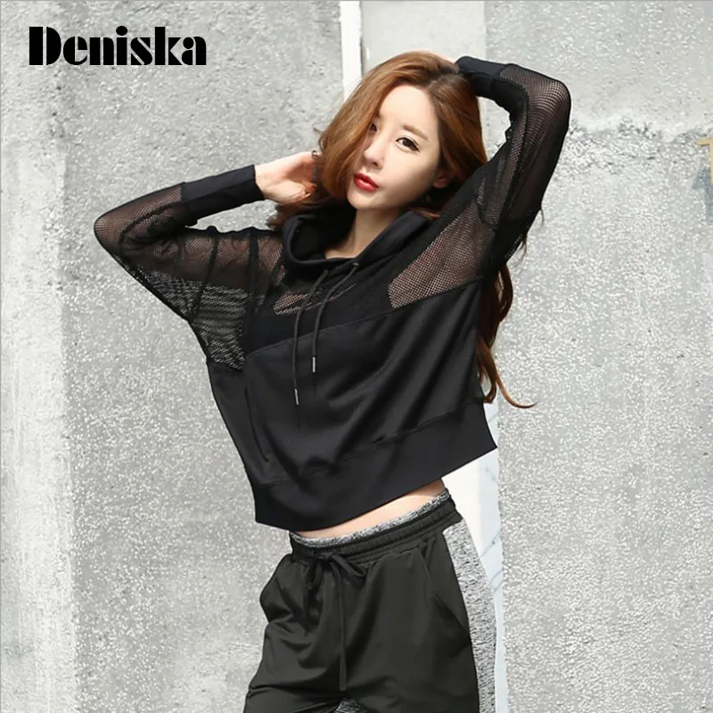 DENISKA 2018 Casual Women's hoodie Long Sleeve solid color white black mesh shirt female winter hoodies | Женская одежда