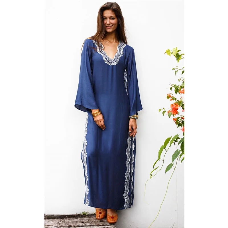 Casual Female Dresses Embroidered Split fork Loose Maxi For Women Beach Wear large size blouse Dress Beachwear Kaftans | Женская одежда