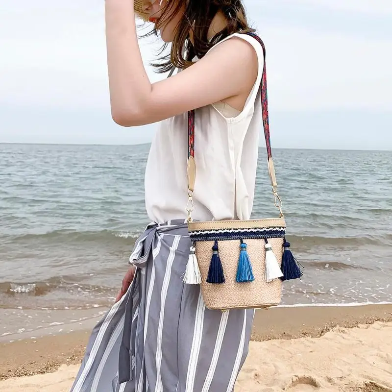 Простой Boho кисточкой Вязание для женщин плечо слинг телефон деньги сумочки повседневное соломенный небольшой ткачество Кроссбоди сумка