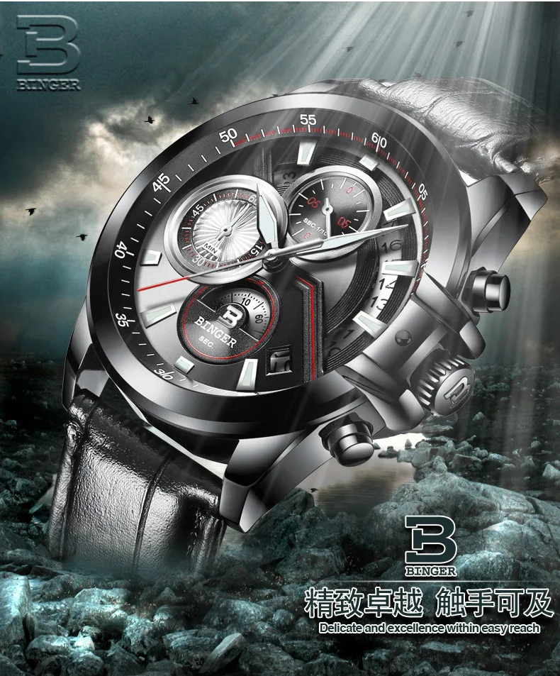 Switzerland BINGER мужские часы лучший бренд класса люкс Хронограф светящийся водонепроницаемый из нержавеющей стали Спортивные кварцевые мужские часы