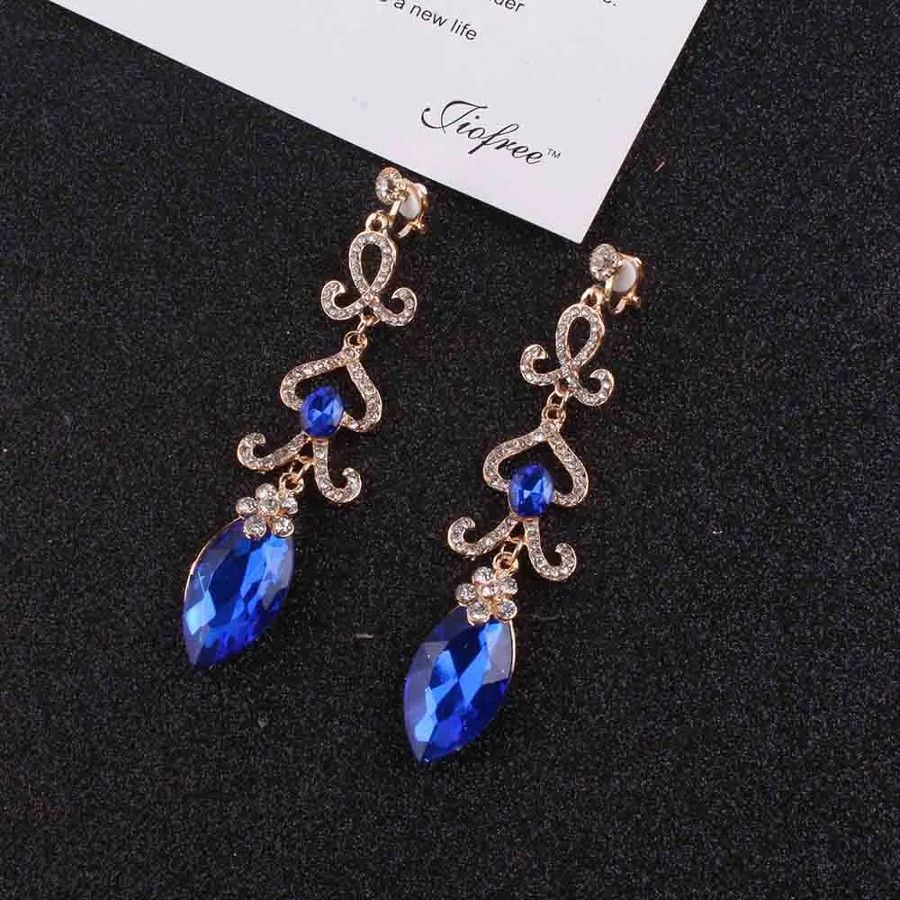 Blue JIOFREE Винтаж невесты клип на серьги Популярные стразы кристаллы Серьги для свадебного платья модные ювелирные изделия - Окраска металла: Blue