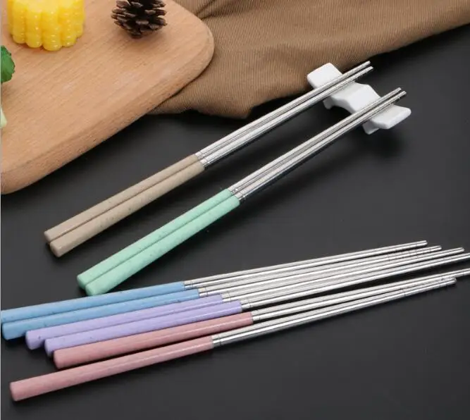 5 пар палочек для еды из пшеничной соломы с цветными палочками нержавеющей стали