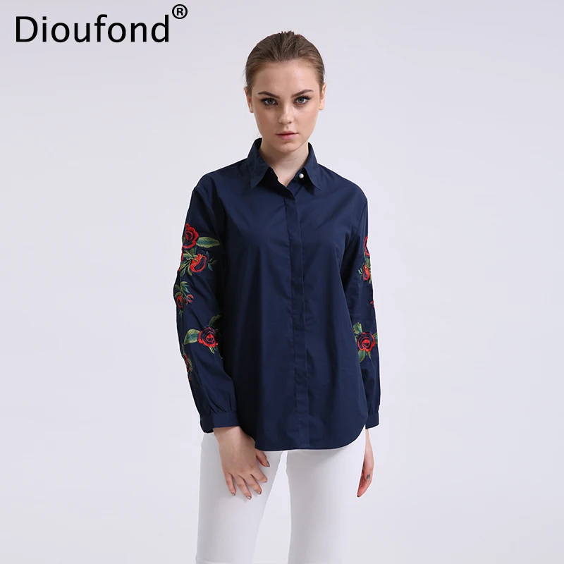 Женская блузка Dioufond белая или темно синяя офисная с длинным рукавом и жемчугом на