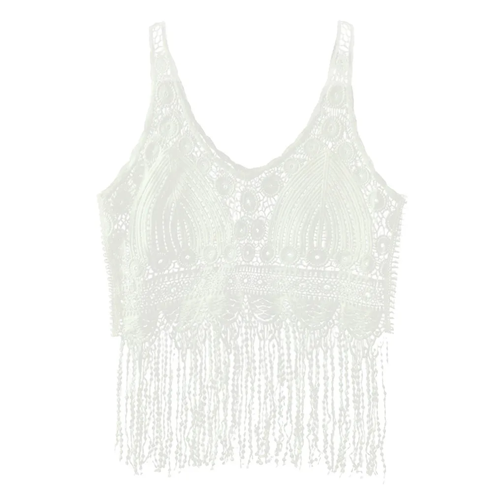 Женский трикотажный укороченный топ без рукавов с вырезами и кисточками v