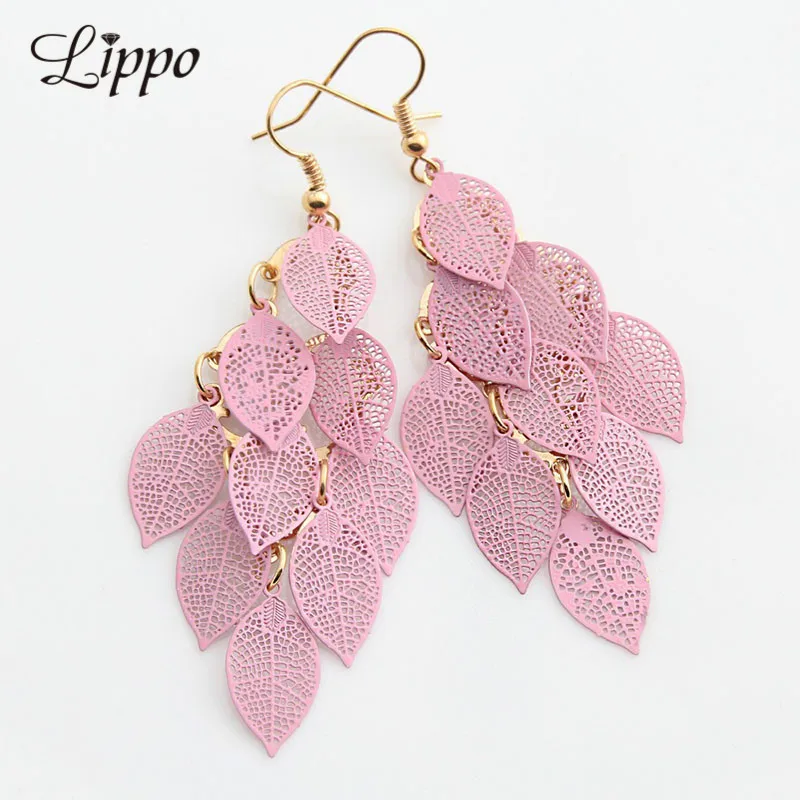Copper Filigree Leaves Earring Pink White Leaf Tassel Dorp Earrings long Dangle Earring for girl and women