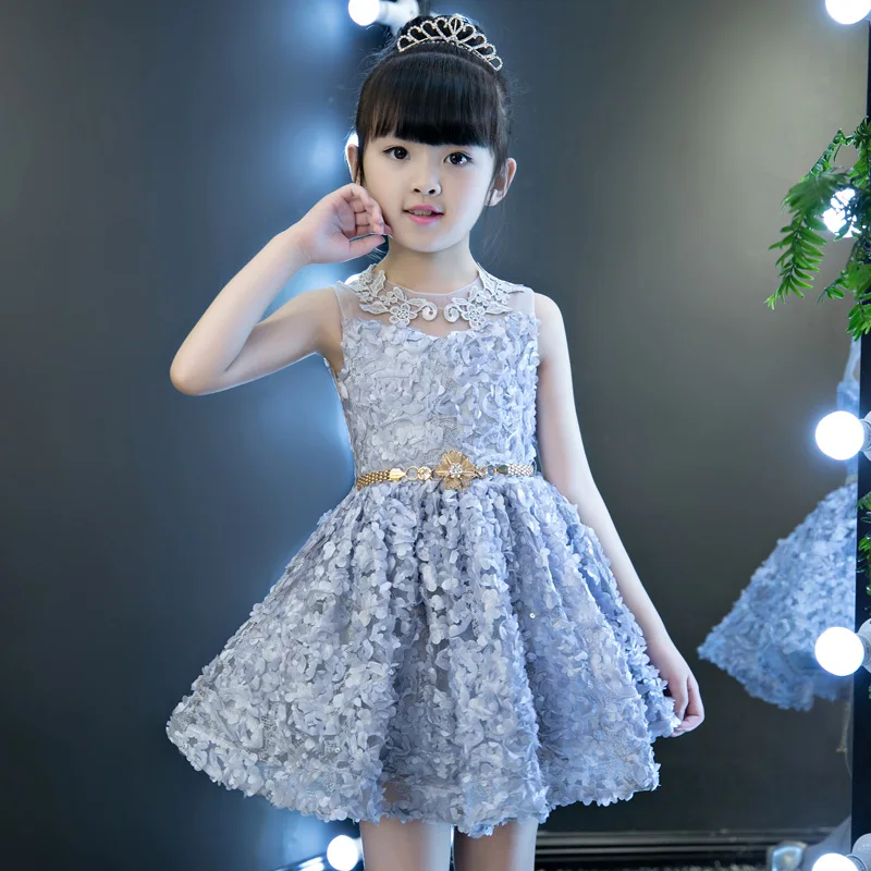 Short gray Платье с цветочным рисунком для девочек; Новинка года; милое бальное платье принцессы без рукавов для девочек; платье для свадебной вечеринки с вышивкой и поясом; JF568 - Цвет: Short gray