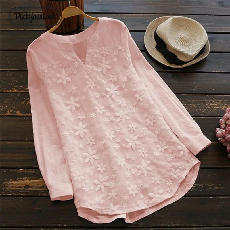 PickyourLook женские блузки размера плюс, кружевные цветочные свободные топы, белая рубашка с длинным рукавом из хлопка, повседневная женская блузка с v-образным вырезом 5XL