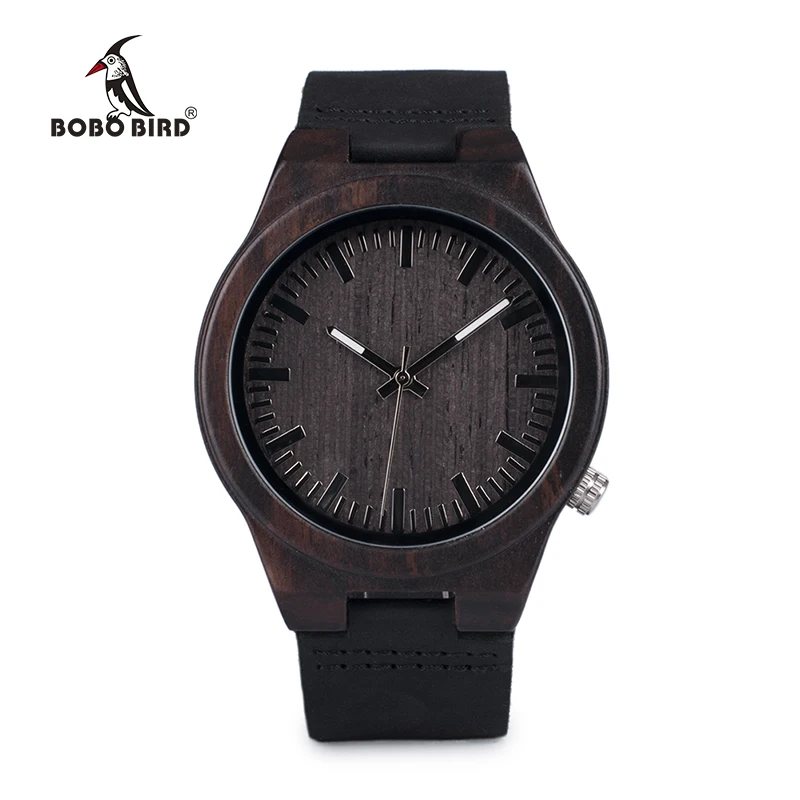 Мужские ассиметричные часы BOBO BIRD WB12 из черного дерева с мягким кожаным ремешком и