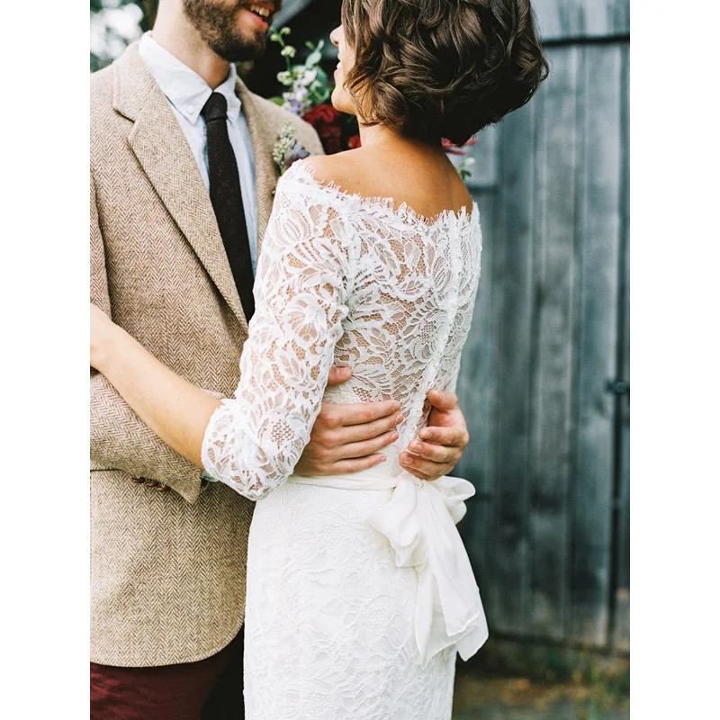 Дешевые 2019 кружева свадебное платье с вырезом лодочкой три четверти Свадебные