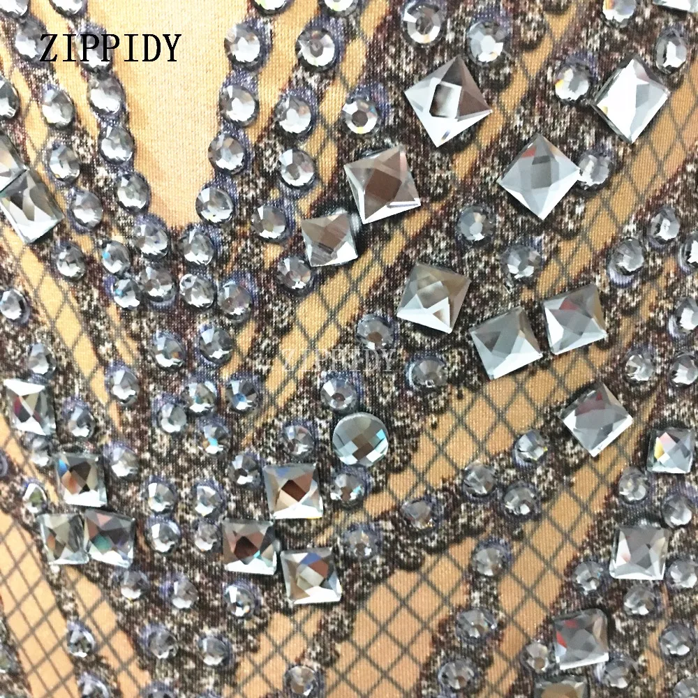 Fashion Black Crystals Nude Bodysuit Sexy Clubwea Costume Party Celebrate Glisten Rhinestones Stretch Leotard Stage Wea