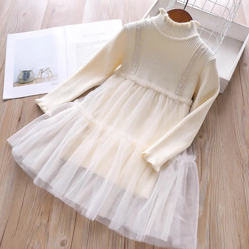 Милый вечерние ный вязаный свитер с кружевными оборками для детское платье
