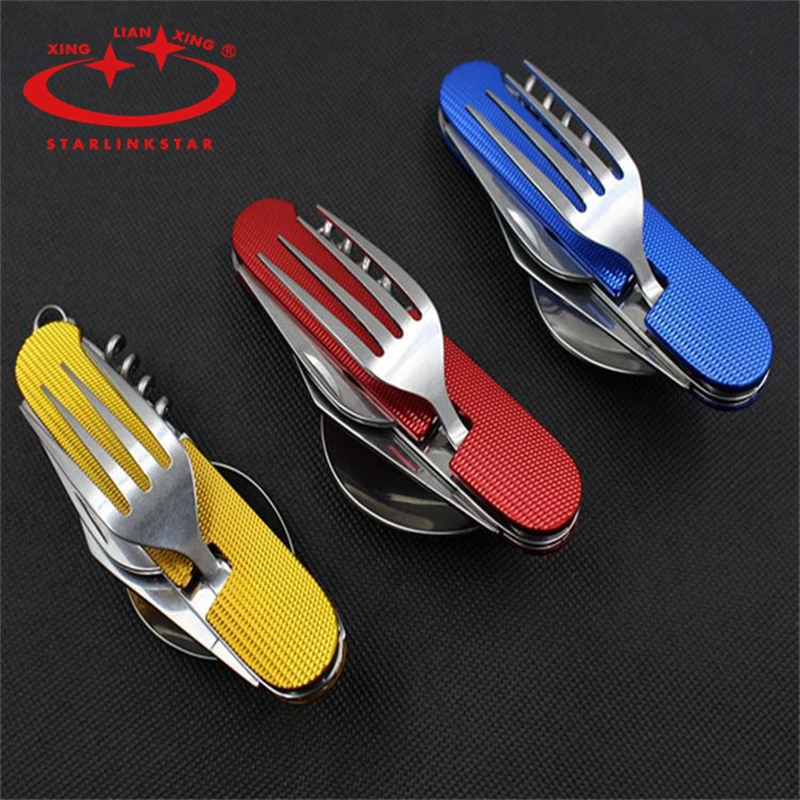 Outdoor Multi-Function Fork Knife Tableware Tools Stainless Steel Portable 4 in 1 Folding Fork Knife for Camping Picnic Travel