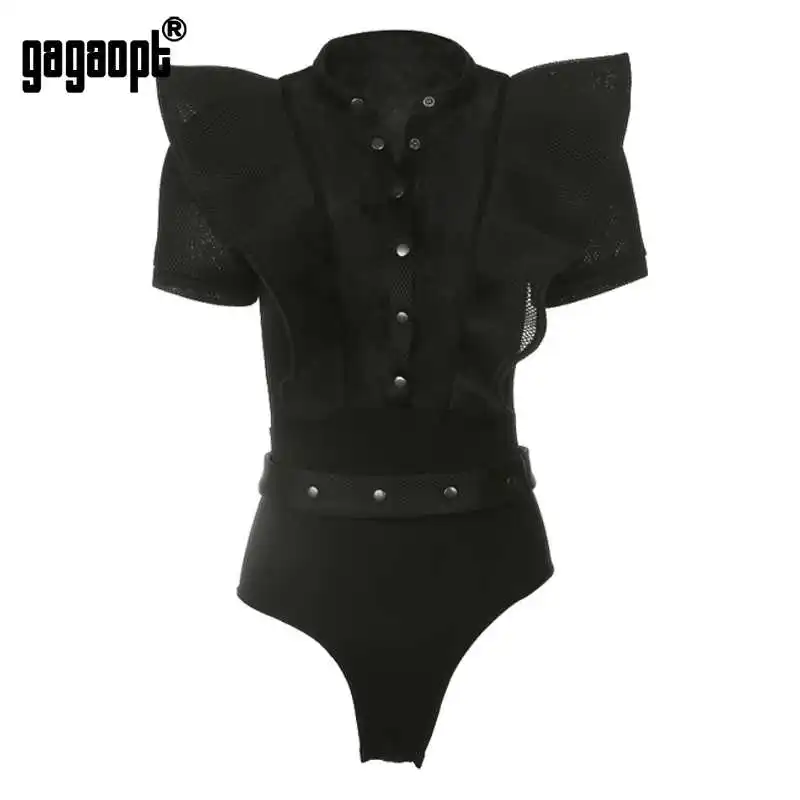 Черный Gagaopt, сексуальное боди для женщин, летние комбинезоны, Кружевное боди с рукавами-рюшами, Сетчатое лоскутное, вечерние, Blusa Combinaison Femme, S-XXL - Цвет: Черный