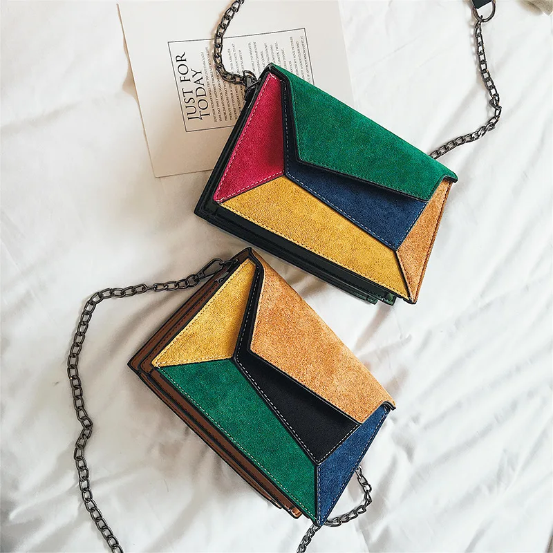 Новая женская разноцветная сумка на плечо из нубука через цепочке маленькая