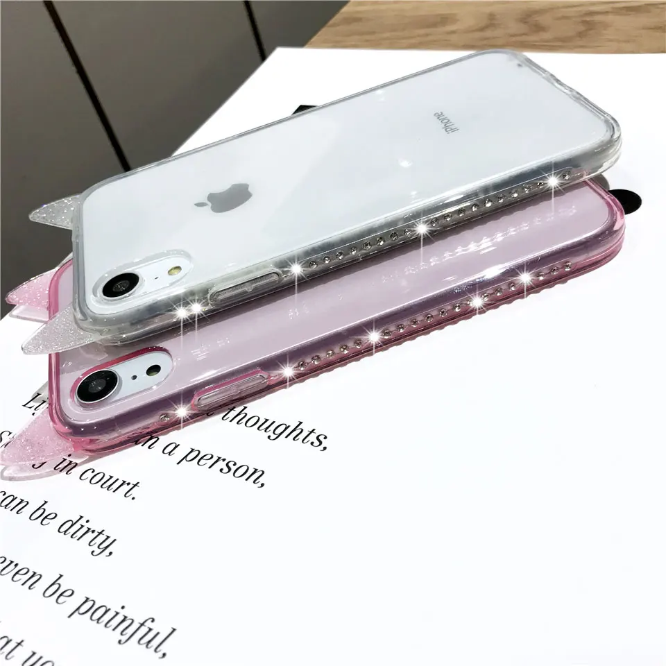For iphone XS MAX Glitter Cover Cut Cartoon Cat Ears Diamond Texture Silicone Case Bling XR 6 6s 7 8 X Plus Phone Cases |