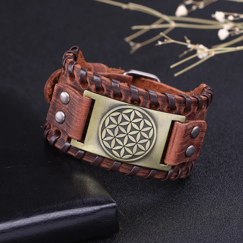 Dawapara Flower Of Life Vintage Bangles For Men Handmade Brown Wide Leather Bracelets Man Amulet Jewelry BROWNB109576-9-W-L | Украшения и