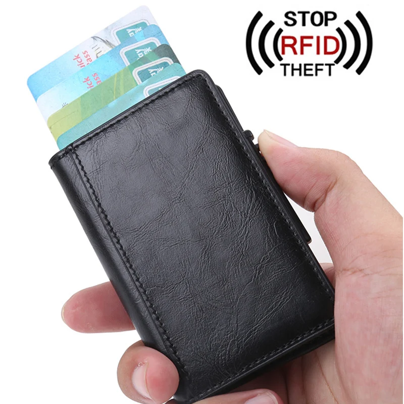 

RFID Blocking Men Credit Card Holder Anti-theft Card Holder for Men Wallets PU Leather Automatic Card Case Aluminum Metal Purse