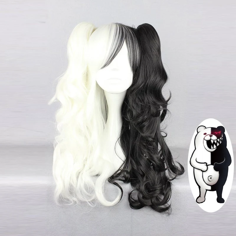 Danganronpa Monokuma, женские длинные конские хвосты, кудрявый парик, косплей, костюм, белый, черный, смесь, термостойкие синтетические волосы, парики+ парик, шапка