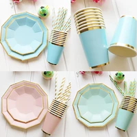 8pcsset gold foil pink disposable tableware christmas wedding party paper plates cups birthday party supplies plastic straws