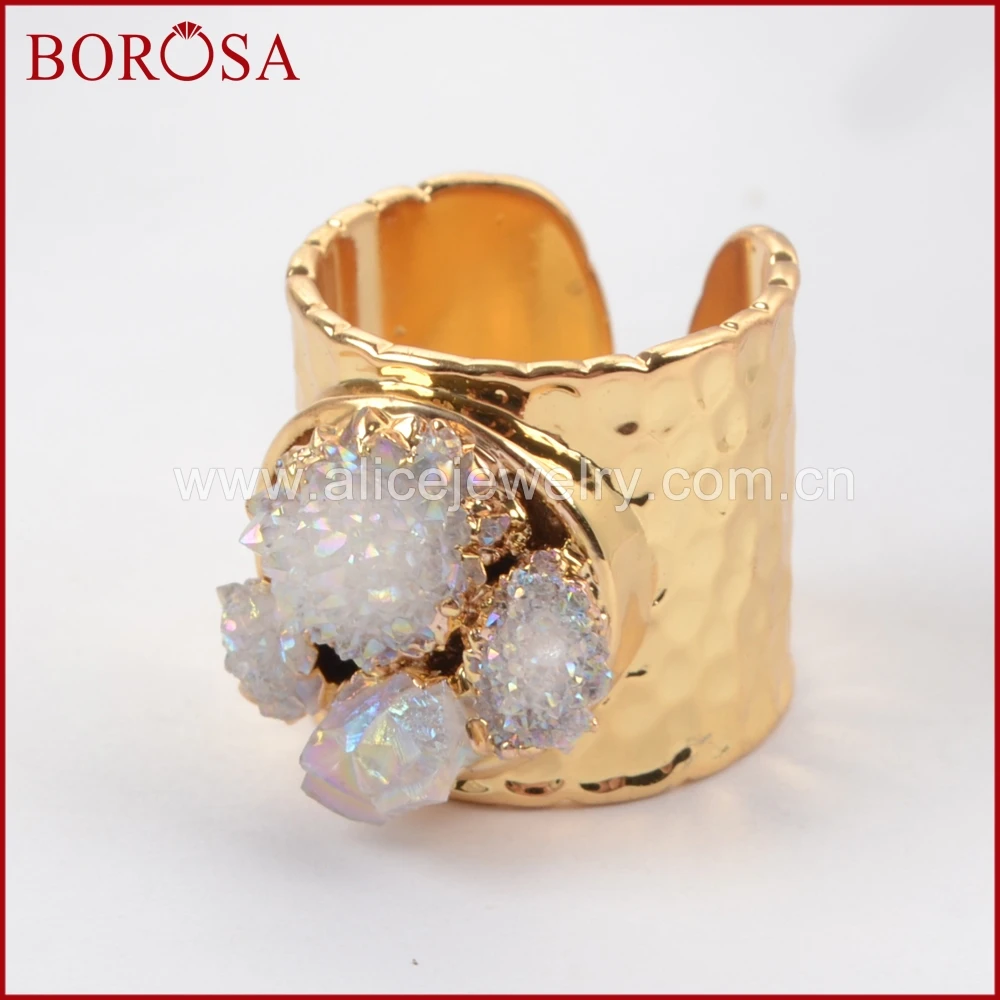 

BOROSA New Mixed Color Drusy Women Rings! Gold Color Rough Titanium Druzy Crystal Chips Rings Gems Crystal Jewelry Ring G1435