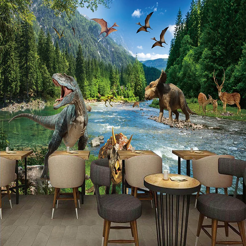 

Custom Any Size Photo Mural Wallpaper 3D Stereo Dinosaurs Forest River Nature Landscape Mural Restaurant Cafe Living Room Fresco