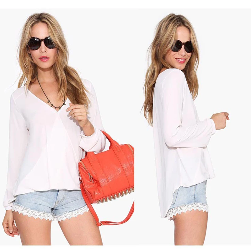 Рубашка женская с длинным рукавом однотонная треугольным вырезом 2018| |