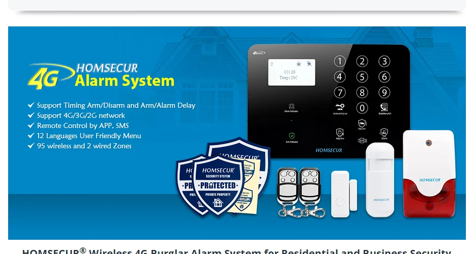 HOMSECUR GA01-4G-B беспроводной и проводной 4G/3g/gsm, ЖК-дисплей домашняя охранная сигнализация+ красная вспышка Сирена