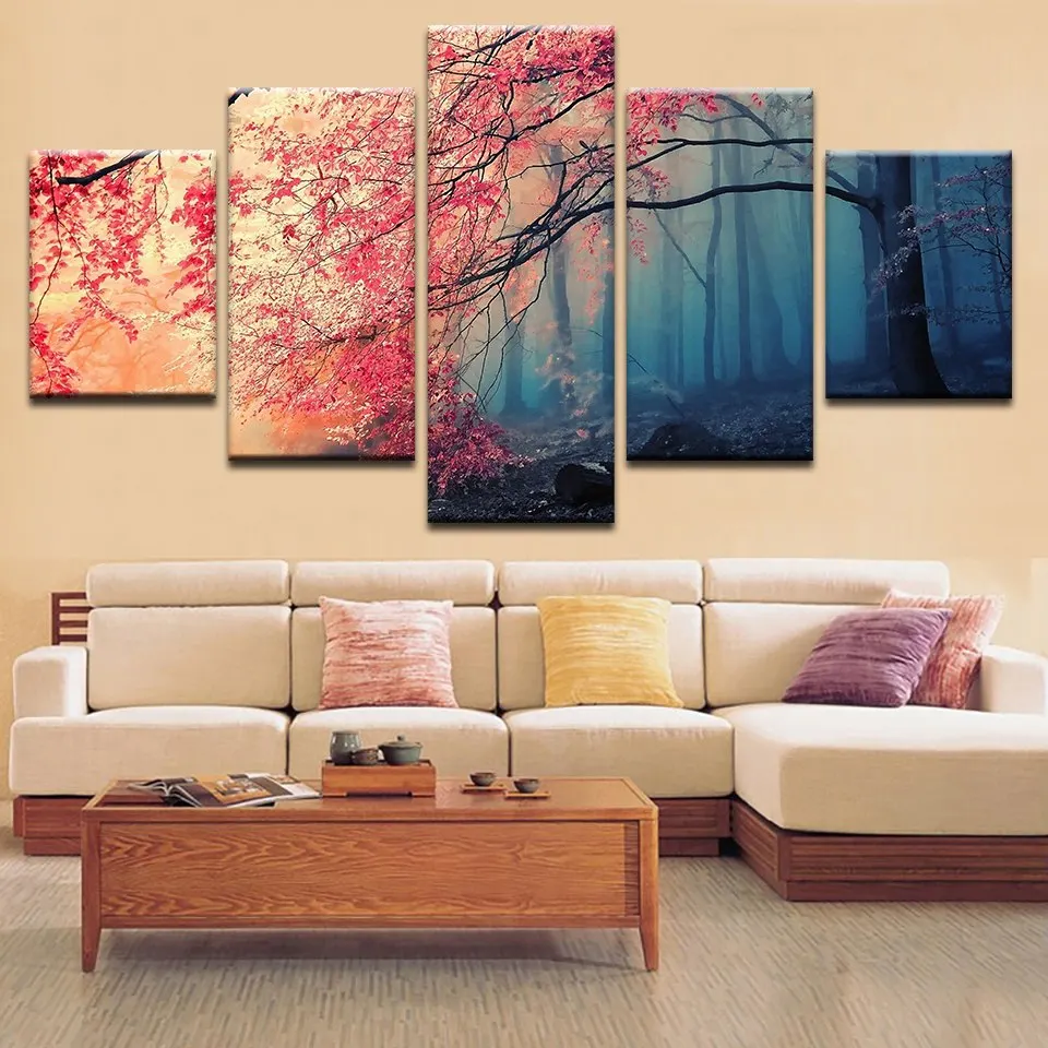 Spray Wall Painting Modular Pictures 5 Panels Plants Red Tree Canvas Decoration Poster Home Living For Room Unframed | Дом и сад