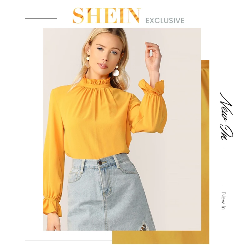 SHEIN модный топ с оборками на шее и манжетах, блузка с длинными рукавами и воротником-стойкой для женщин, весна-осень
