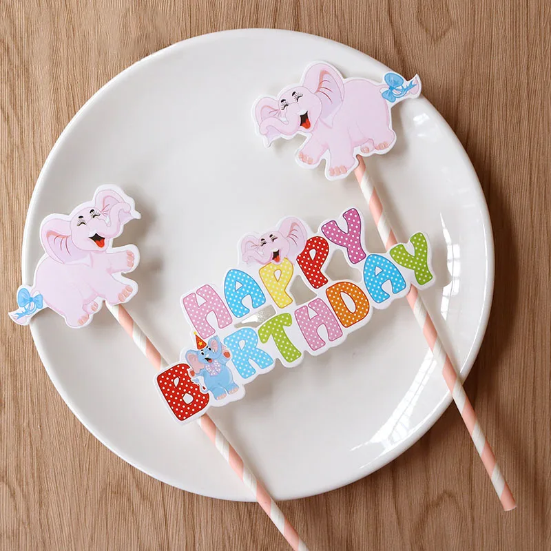 Pink elephant Минни торт Топпер с бумажной соломинкой для детского душа украшения Anniversaire Микки флажки для торта вечерние кекс - Цвет: Pink elephant