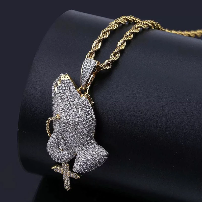Молитва рука Emoji Iced Out кубический циркон ожерелья и подвески для мужчин Хип Хоп Bling