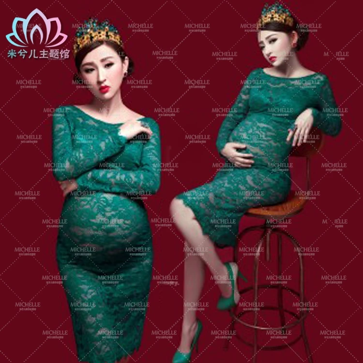 Maternity pregnant women Photography Props deep green Elegant Romantic Photo Shoot Lace Dress Costume Clothing free shipping